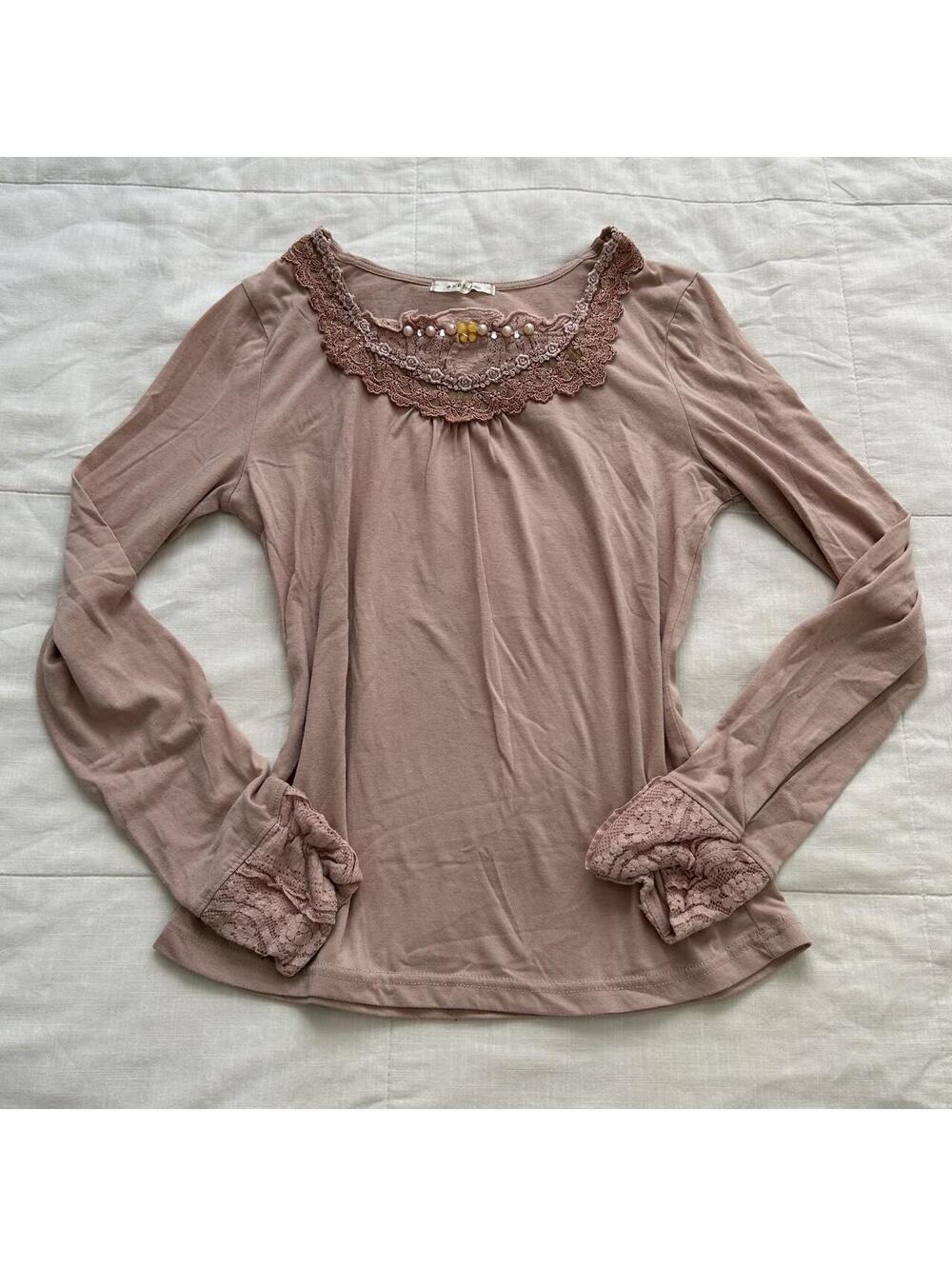 Axes Femme Blush Pink Lace Pearl Embellished Top Size M Japan